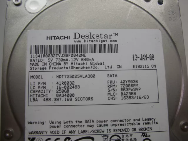 Hitachi Deskstar 250gb HDT725025VLA380 F 0A29531 01
