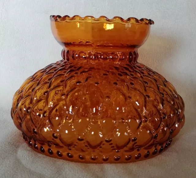 Vintage Kerosene Lamp Shade Amber Glass Ruffled Diamond/Dot Quilt Fenton ?