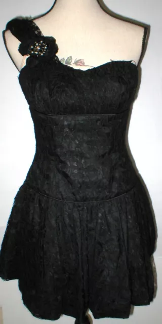 New Womens Designer Jill Stuart Black Lace Dress One Shoulder 0 2 Broach Short
