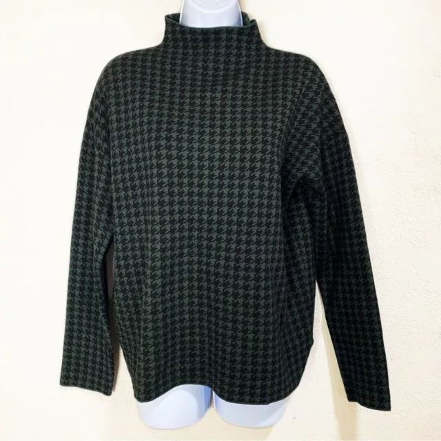 TAHARI Houndstooth Mock Neck Sweater Soft Deep Green Black Holiday Winter Work L