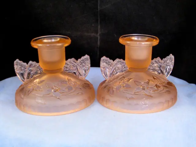 VINTAGE 1930s ART DECO PINK frost GLASS BUTTERFLY & DAFFODIL CANDLESTICK SOWERBY