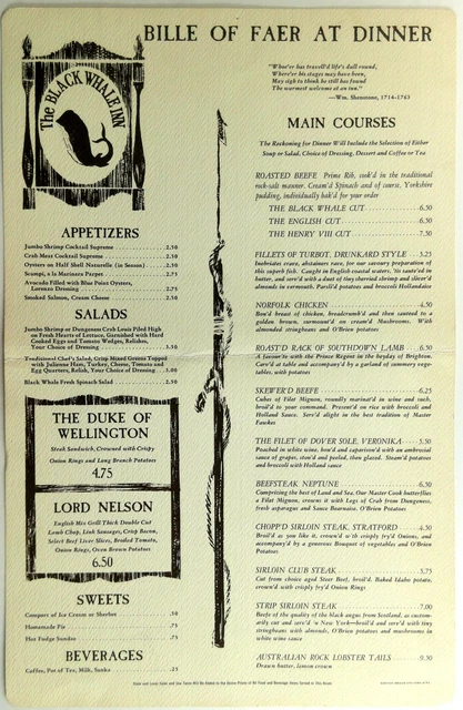 1973 ORIGINAL HUGE Dinner Menu The Black Whale Inn Restaurant Twin