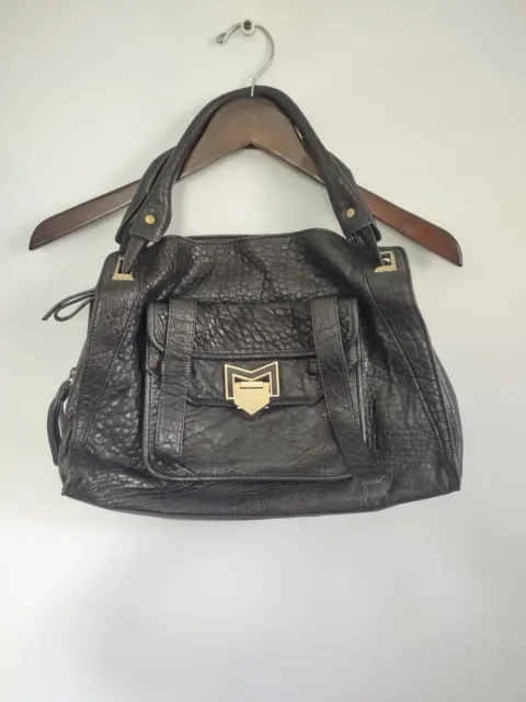 Treesje Black Leather Pebbled Leather Satchel Large Handbag Gold Hardware