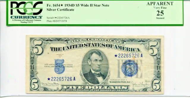 1934D $5 Silver Certificate *STAR* Wide II PCGS Apparent VF25 #*22265726A