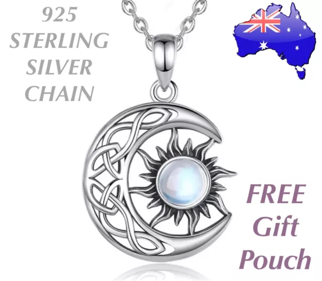 Moonstone Sun Celtic Crescent Moon Pendant 925 Sterling Silver Necklace Gift New