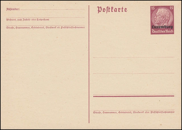 Luxemburg Postkarte P 3 Hindenburg Aufdruck 15 Pf weinrot, ** wie verausgabt