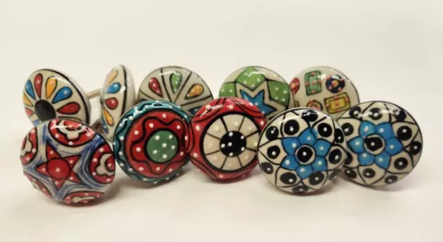 Lot of 10 Hand Painted Porcelain Knobs Drawer Pulls Colorful Abstract 1.75" Knob