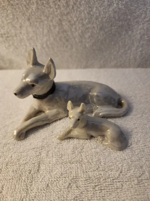 Set Of 2 Vintage White Luster Porcelain Ceramic German Shepard Dog 5” 2" Japan