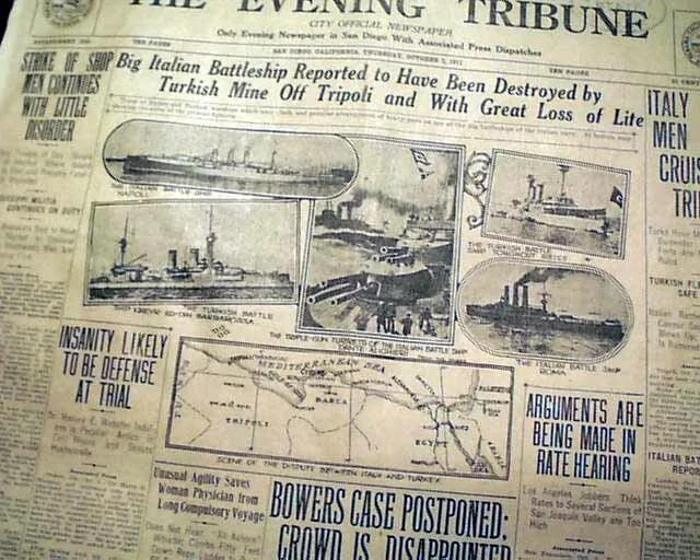 BATTLE OF TRIPOLI Italo-Turkish War Italy Navy Ottoman Empire 1911 Old Newspaper