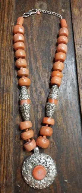 Vintage OLD PAWN NAVAJO ? Sterling Silver Chunky Coral Necklace