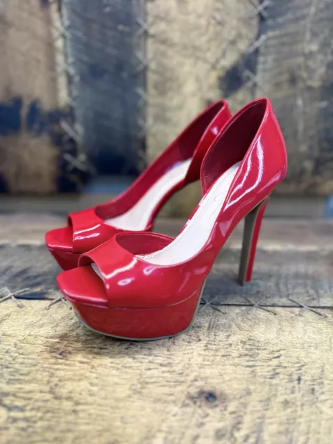 Jessica Simpson Red Peep Toe Patent Platform Women's Heels Pump Sz 8.5