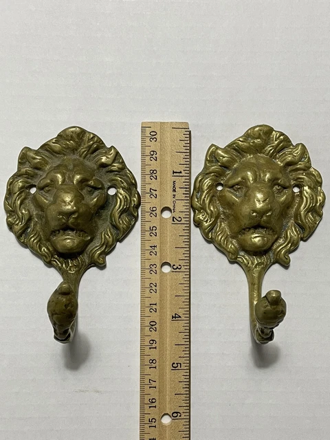 Pair Of Vintage Solid Brass Lion Heads Wall Coat Hook 4" Tall X 2-3/4" Wide