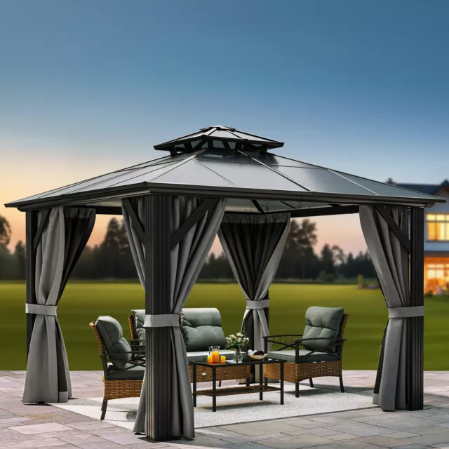 12'x12' Gazebo Hardtop Canopy Outdoor Shelter Double Roof Aluminum Frame Curtain