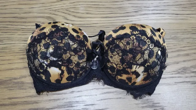 Honey Birdette 10b Bra Leopard Print Black Lace Diamante Convertible Straps