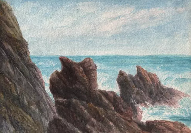 ROCKY COASTLINE BUDE CORNWALL Antique Watercolour Painting c1908