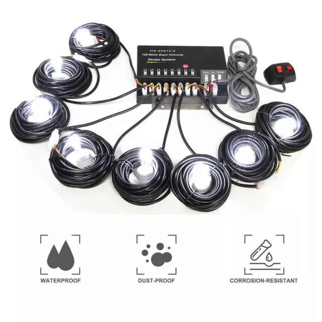 160W 8 HID Bulbs Hide-A-way Emergency Strobe Lights Warning System Headlight Kit