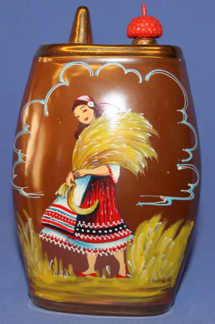 Vintage Hand Painted Folk Glazed Pottery Flask Pitcher