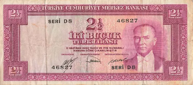 TURKEY 2 1/2 Lira (Lirasi) 1930 (1952), P-150 "Serie A-J", Scarce Variety, VF