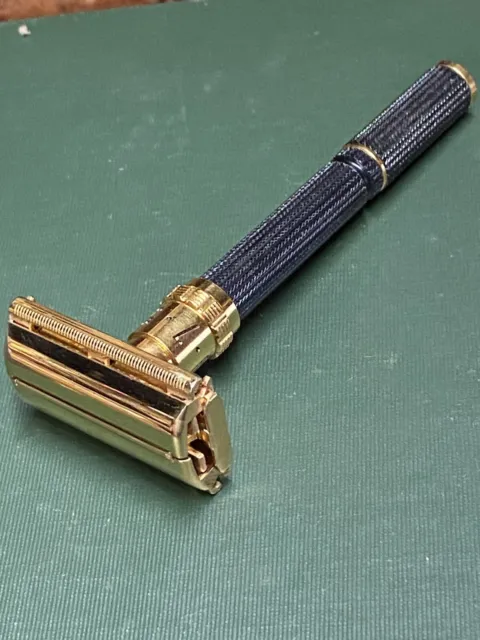 Vintage Gillette Adjustable Safety Razor Gold Tone. Long Black Handle