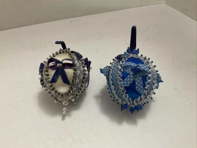 Pair of VTG Push Pin Beaded Blue SATIN Christmas Ornament w/Blue & White Trim