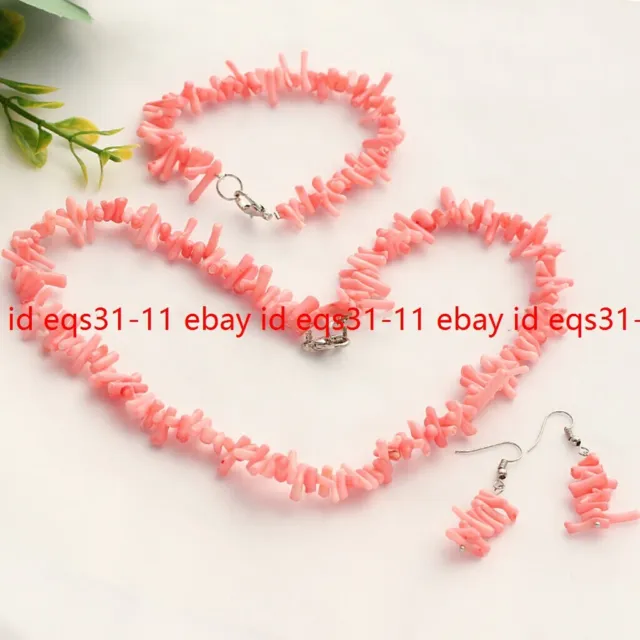 3x10mm Natural Pink Coral Chip Gems Beads Necklace Bracelet Earrings Jewelry Set