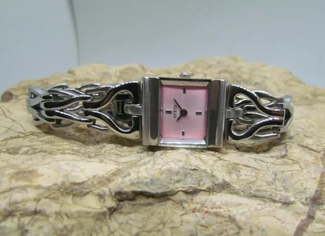 GUESS Womens Watch Silver tone Pink Face Classy Luxury Watch New Battery