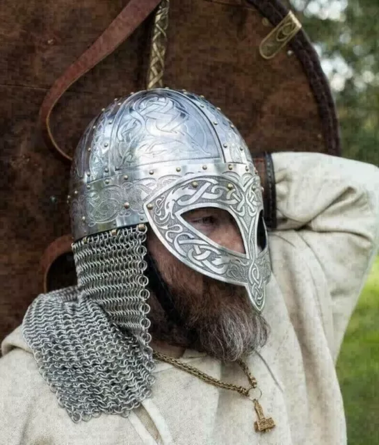 Medieval Viking Helmet Armor Vendel Steel Etched with Chainmail Viking Halloween