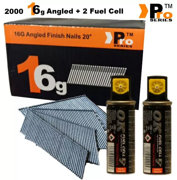 2000 x 38mm 16G Second Fix Nails Paslode Hitachi Bostitch (Angled)+ 2 Fuel Cells