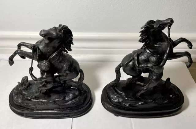 Pair of Antique French Marly Horses w/ patina metal by Guillaume Coustou