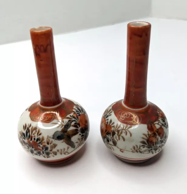 Antique Meiji Japanese Miniature Pair Of Kutani Bottle Bud Vases 3 1/4" Tall