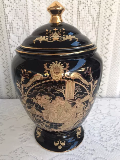 ****  10" Chinese Black And Gold Porcelain Urn With Victorian Scene ****