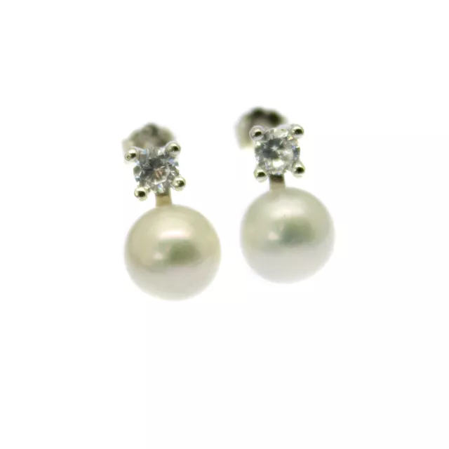 Pearl & Faux Diamond Stud Earrings 7mm Sterling Silver Freshwater Princess Style