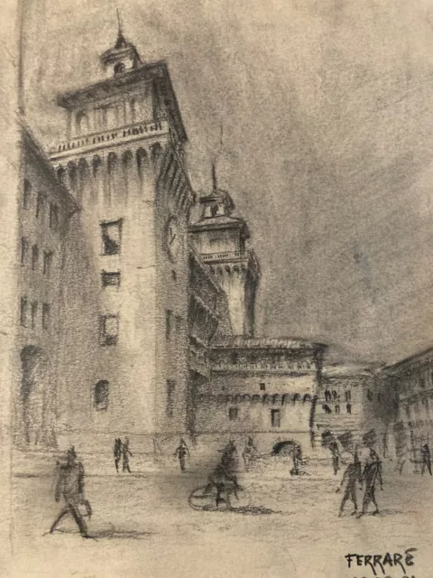 Hermoso Dibujo Carboncillo ferrara ciudad castillo de italia colocar en Papel