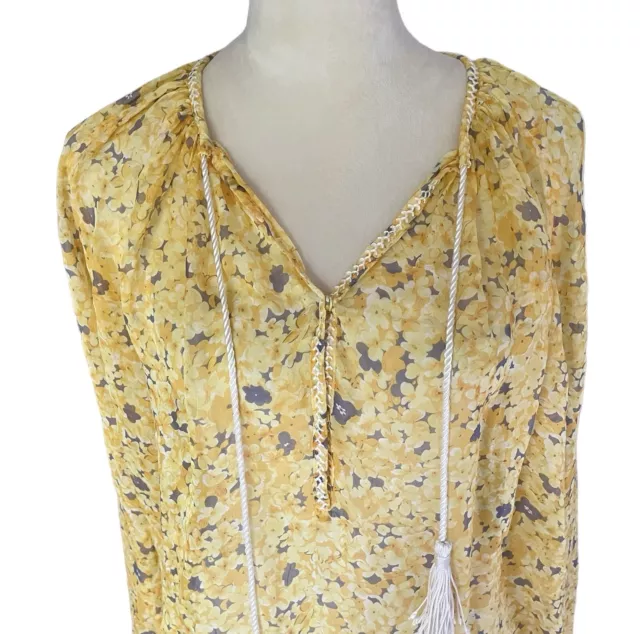 The Kooples Sunrise 100% Silk Floral Yellow Tassle Sheer Top Blouse Women Sz XS 3