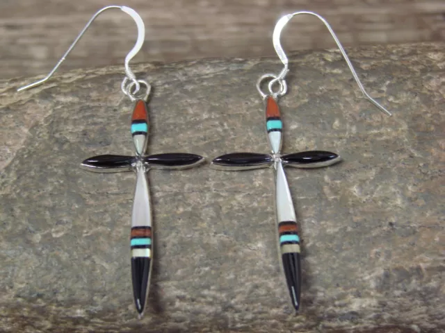 Zuni Indian Sterling Silver Inlay Cross Dangle Earrings - Bowannie