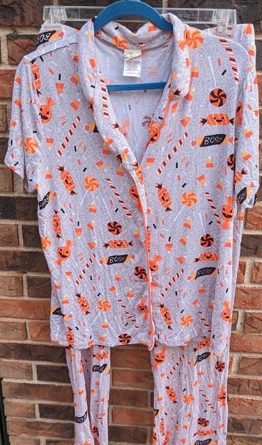 Nite Nite Munki Women's Pajamas 2 Piece Set Halloween Pants Shirt XL PJ grey