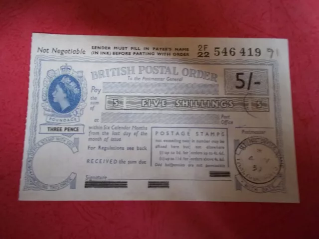 British postal order - QEII,  5/-, 4th July 1959, Fareham, Hants