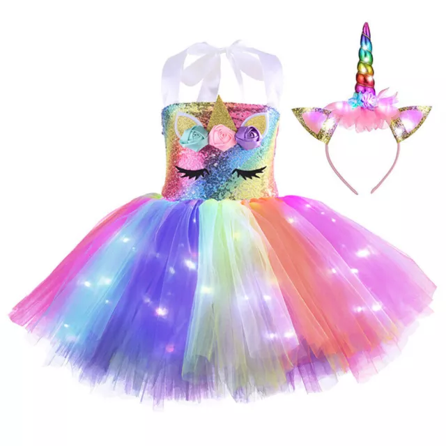 Kids Girls' Unicorn Princess Rainbow Tutu Dress LED Light Up Headband Cosplay