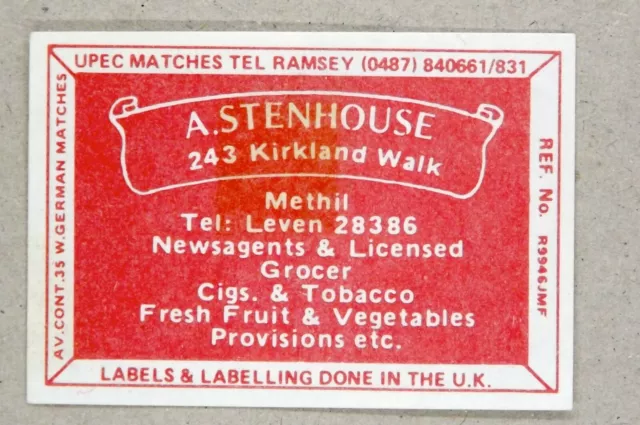 Matchbox label Upec A Stenhouse Newsagents 243 Kirkland Walk Methil MR186