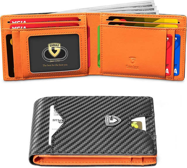 Mens Slim Wallet for Men Minimalist Genuine Leather Carbon Fiber Rfid Blocking C