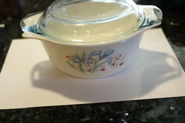 Vintage Pyrex Bowl  With Lid England Siberian Iris Florals White Glass  Pretty