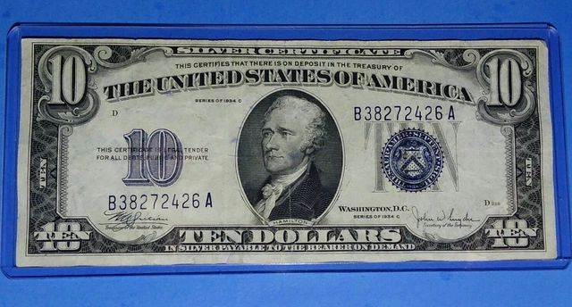 1934 C $10 Silver Cert.! Blue Seal, Vf. Circ. Cond.! Old Us Currency! Nice !