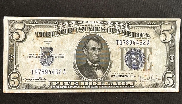 1934-D $5 Silver Certificate Banknote 1934 Five Dollars D Collectible Small Note