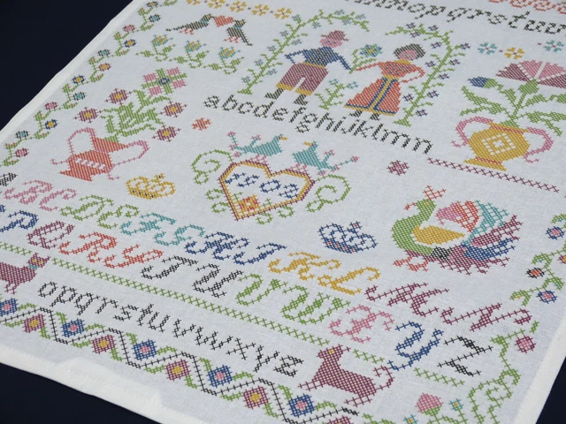Geschirrtuch Halbleinen buntes Kreuzstich Alphabet Vögel Krone Herz KÜCHE 50x70