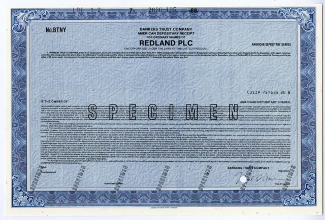 UK. Redland PLC, 1988 Odd Shrs Specimen ADR Cert., VF-XF ABN Blue