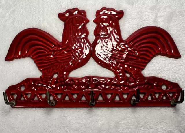 Red Cast Iron Rooster 5 Hooks Key Utensil Hat Holder Country Farmhouse Kitchen