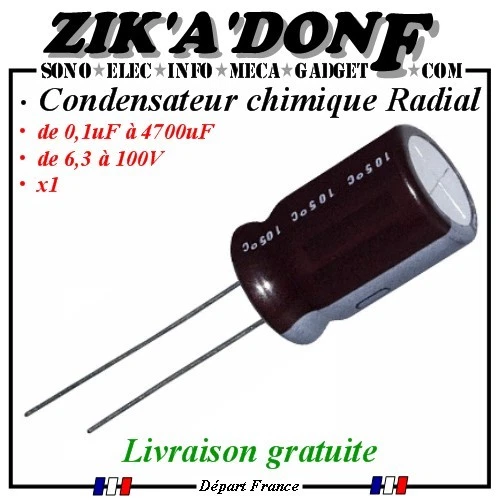 Condensateur chimique électrolytique 0,1uf à 4700uF de 6,3 à 100V 105°C