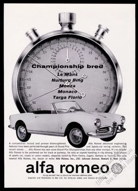 1962 Alfa Romeo convertible car and stop watch photo vintage print ad