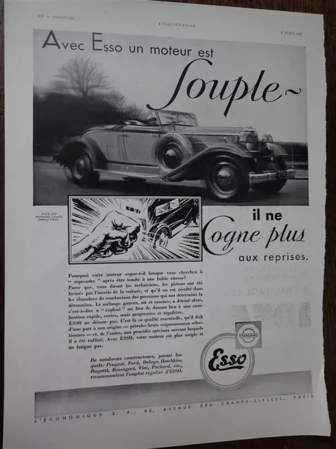 PACKARD utilise essence ESSO + EAU DE COLOGNE ORSAY pub papier ILLUSTRATION 1932