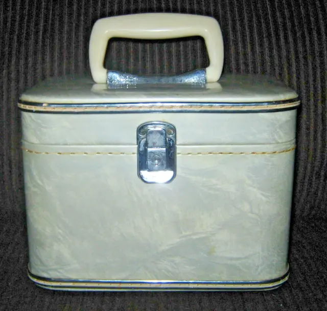 VTG small Train Case Luggage With Mirror gray lucite handle footed CHILD'S?